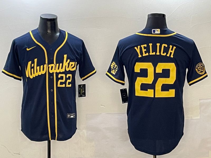 Men Milwaukee Brewers #22 Yelich Drak Blue Game 2025 Nike MLB Jersey style 03096